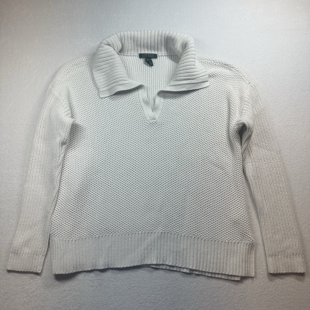 Lauren Ralph Lauren Womens‎ Fold-Over Collar Side Slits Pullover Sweater White L